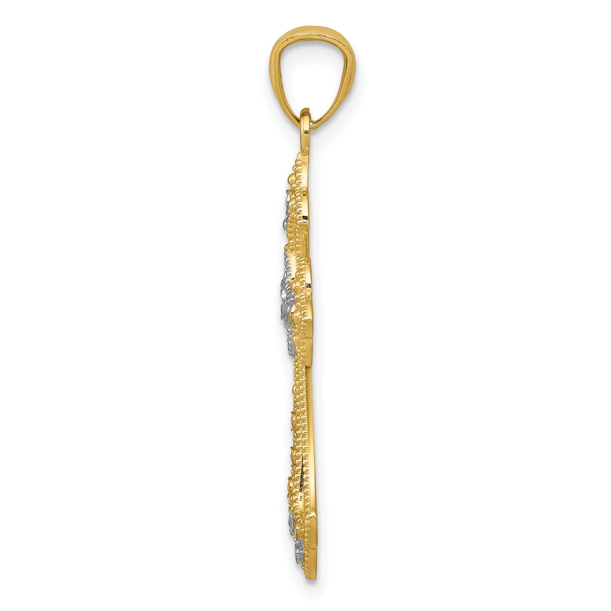 14k Multi-Tone Gold Cross Pendant with Diamond Texture Starburst and Fleur Detail