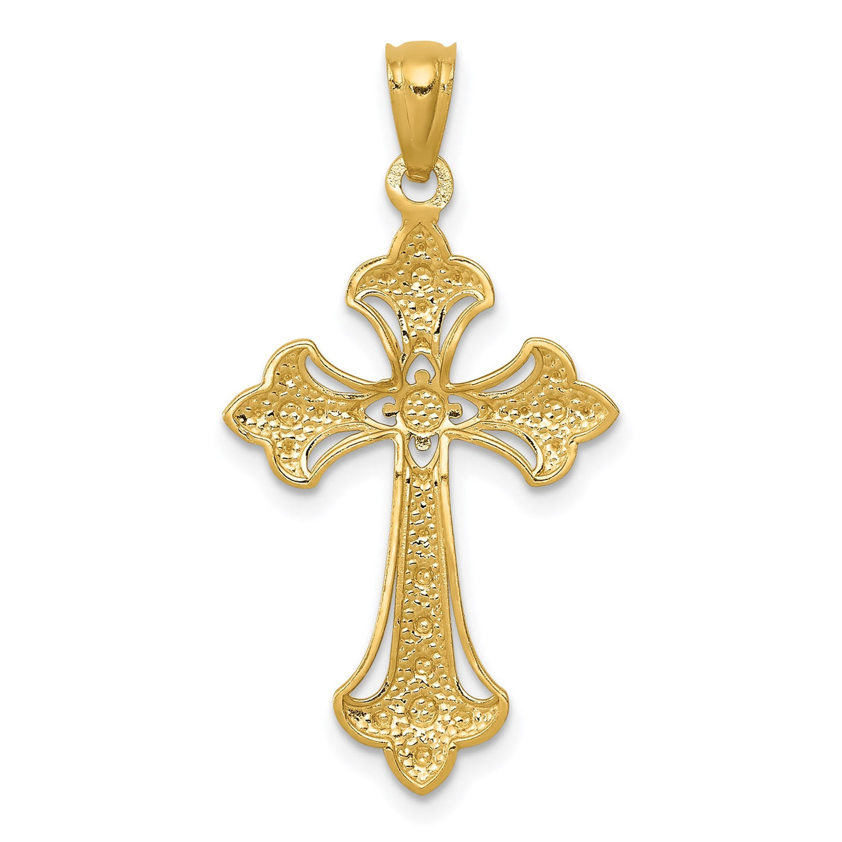 14k Multi-Tone Gold Cross Pendant with Diamond Texture Starburst and Fleur Detail