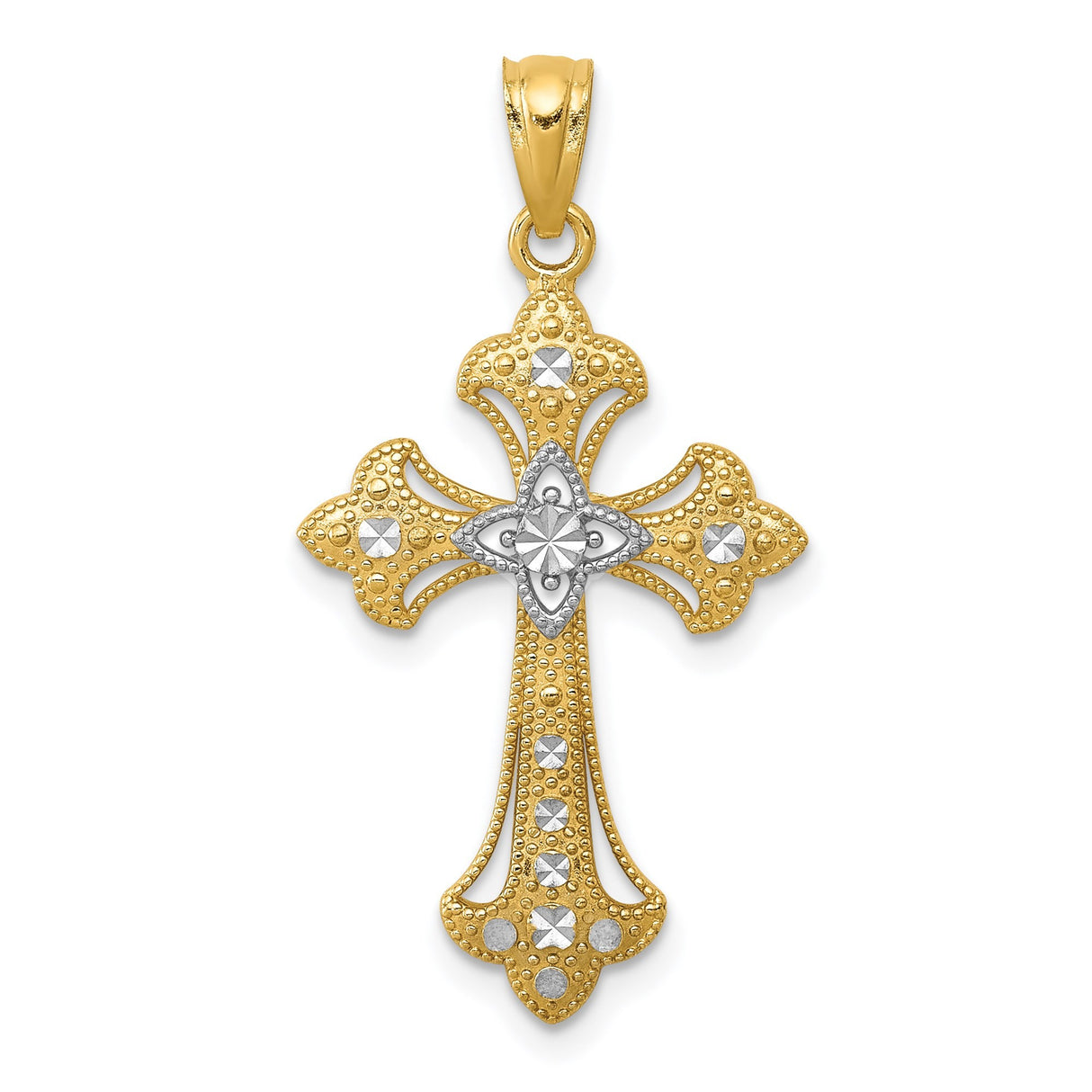 14k Multi-Tone Gold Cross Pendant with Diamond Texture Starburst and Fleur Detail