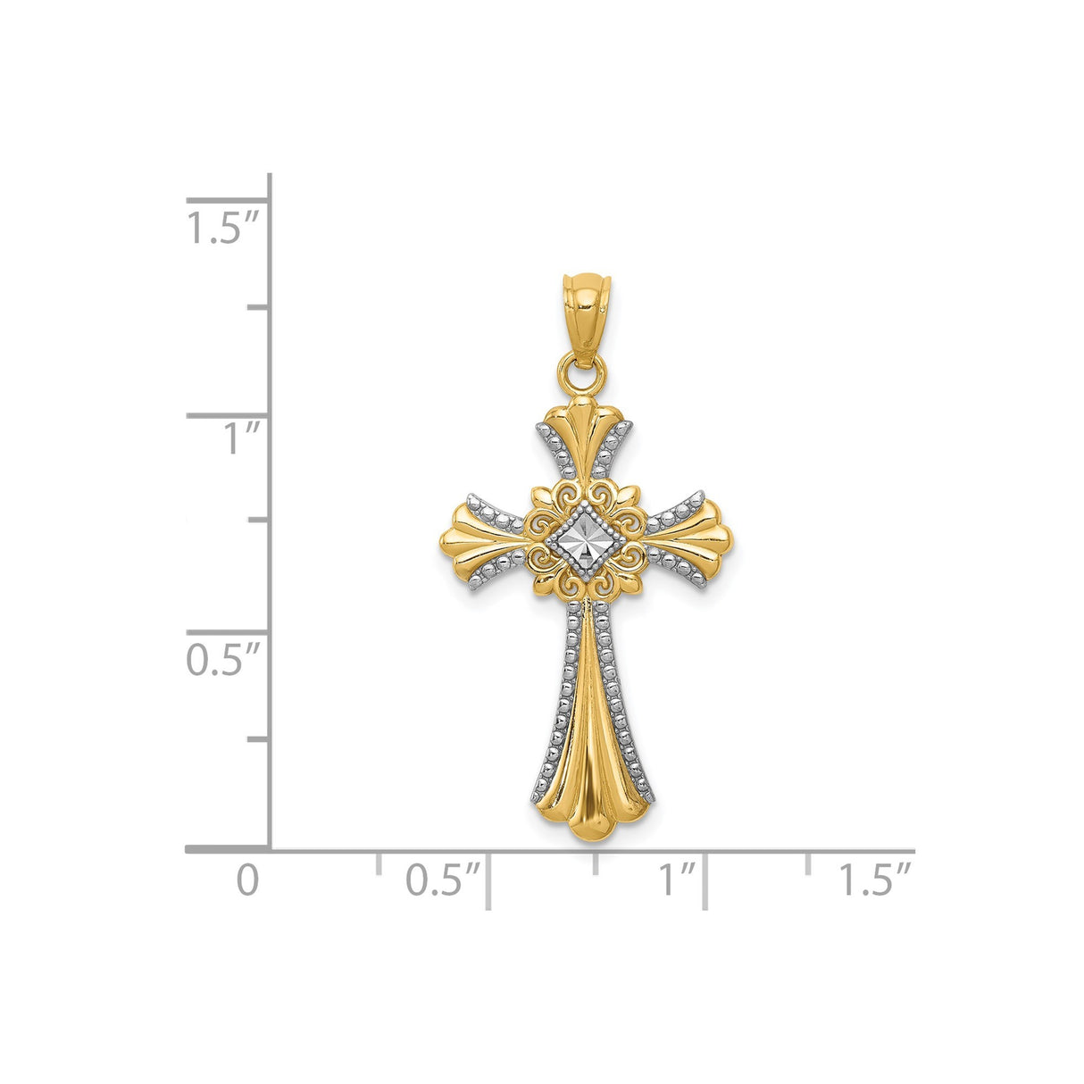 14k Multi-Tone Gold Fleur De Lis Cross Pendant with Beaded Edge Scrollwork Vintage Style