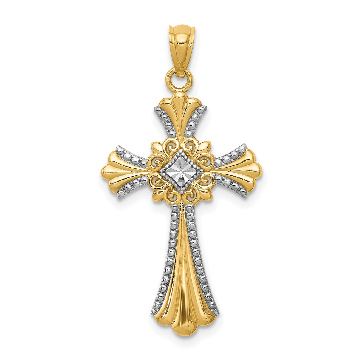 14k Multi-Tone Gold Fleur De Lis Cross Pendant with Beaded Edge Scrollwork Vintage Style
