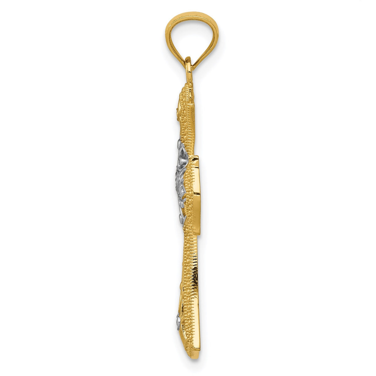 14k Multi-Tone Gold Cross Pendant with Fleur de Lis Design, Filigree Religious Charm