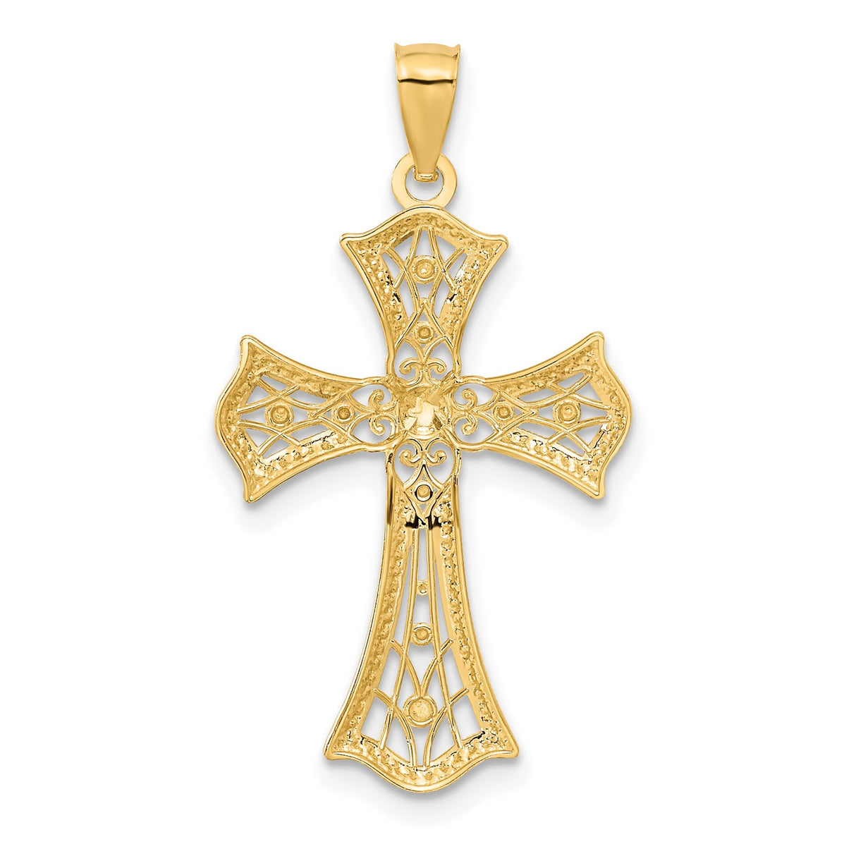 14k Multi-Tone Gold Cross Pendant with Fleur de Lis Design, Filigree Religious Charm