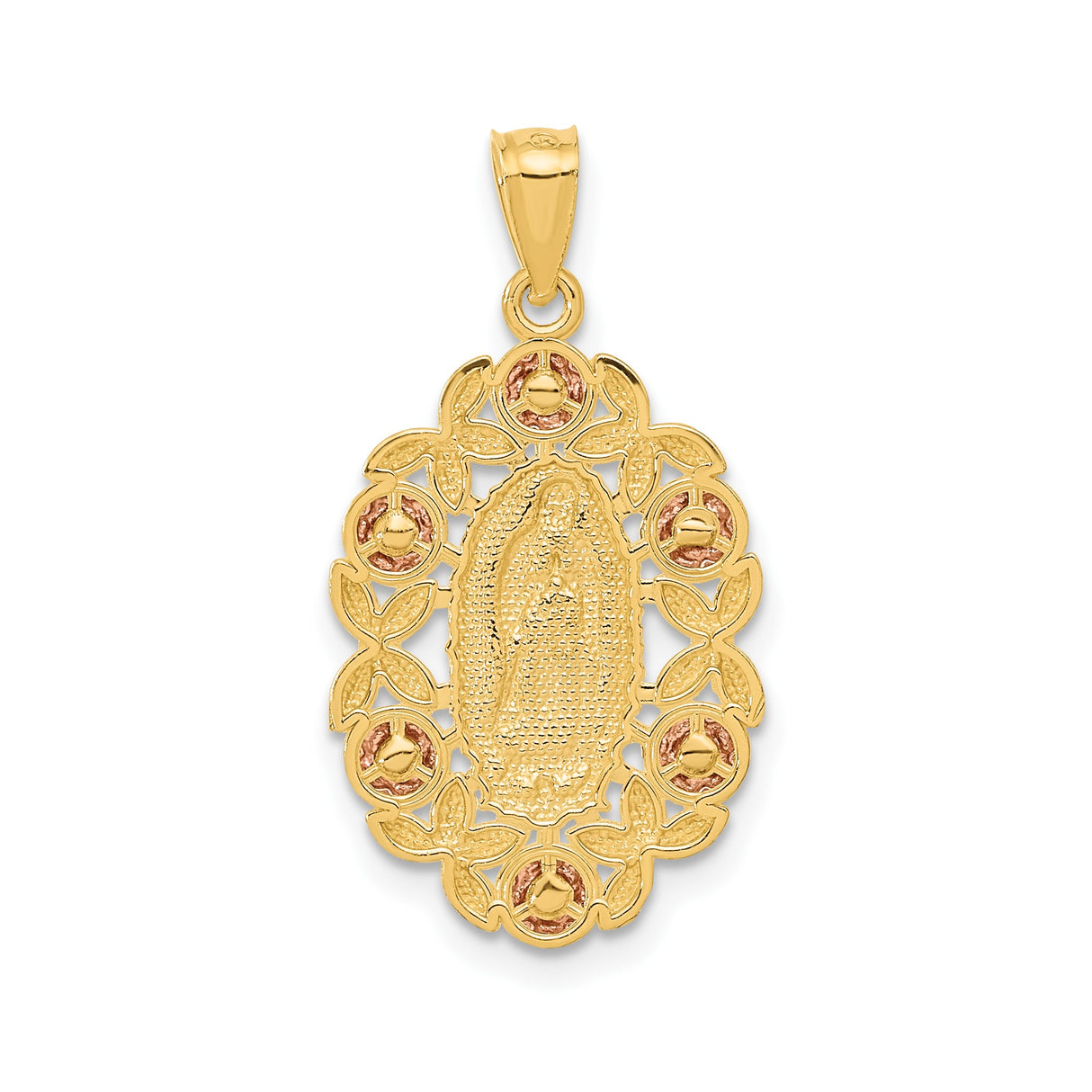 14k Two-Tone Gold Our Lady of Guadalupe Pendant with Floral Accents, Virgin Mary Religious Charm