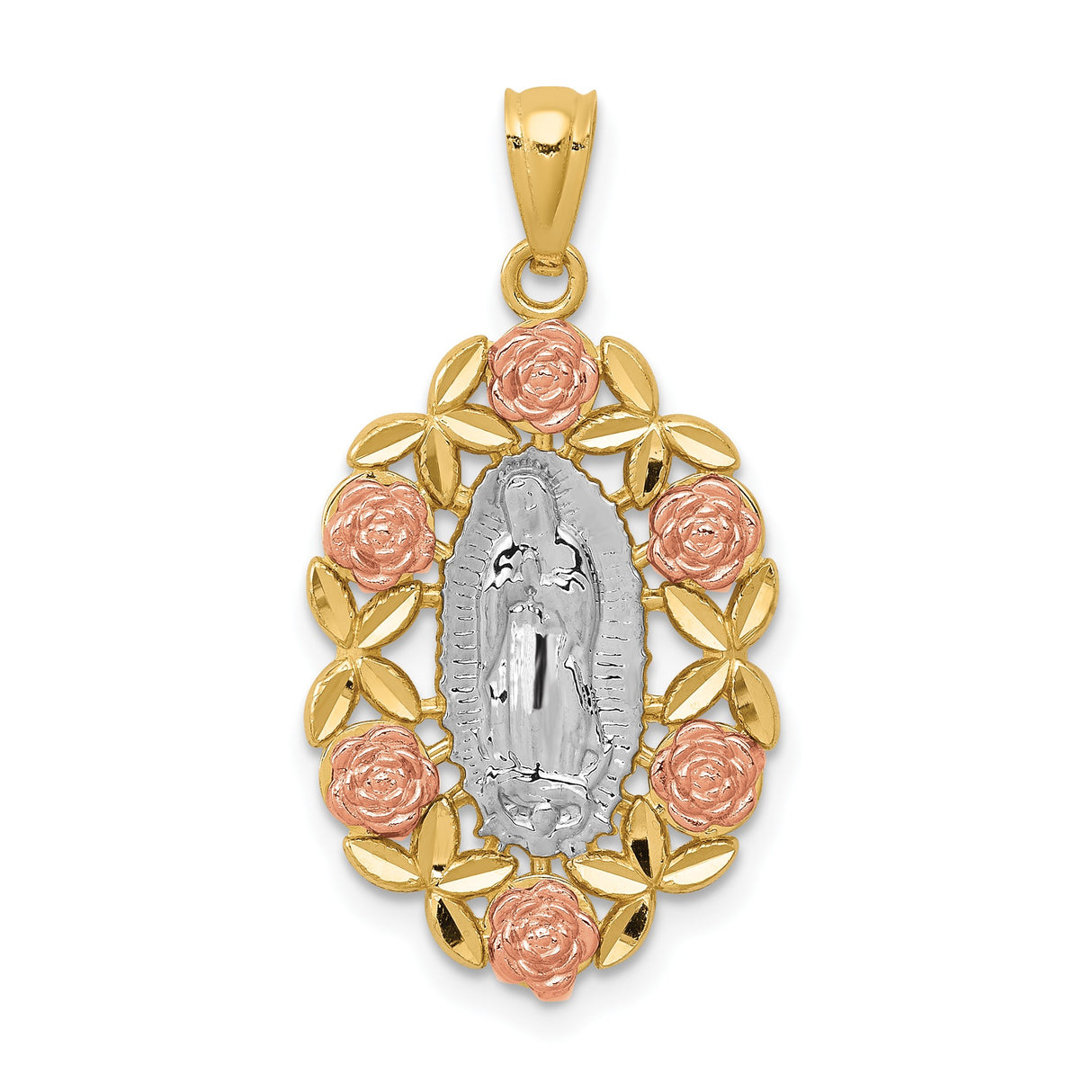 14k Two-Tone Gold Our Lady of Guadalupe Pendant with Floral Accents, Virgin Mary Religious Charm