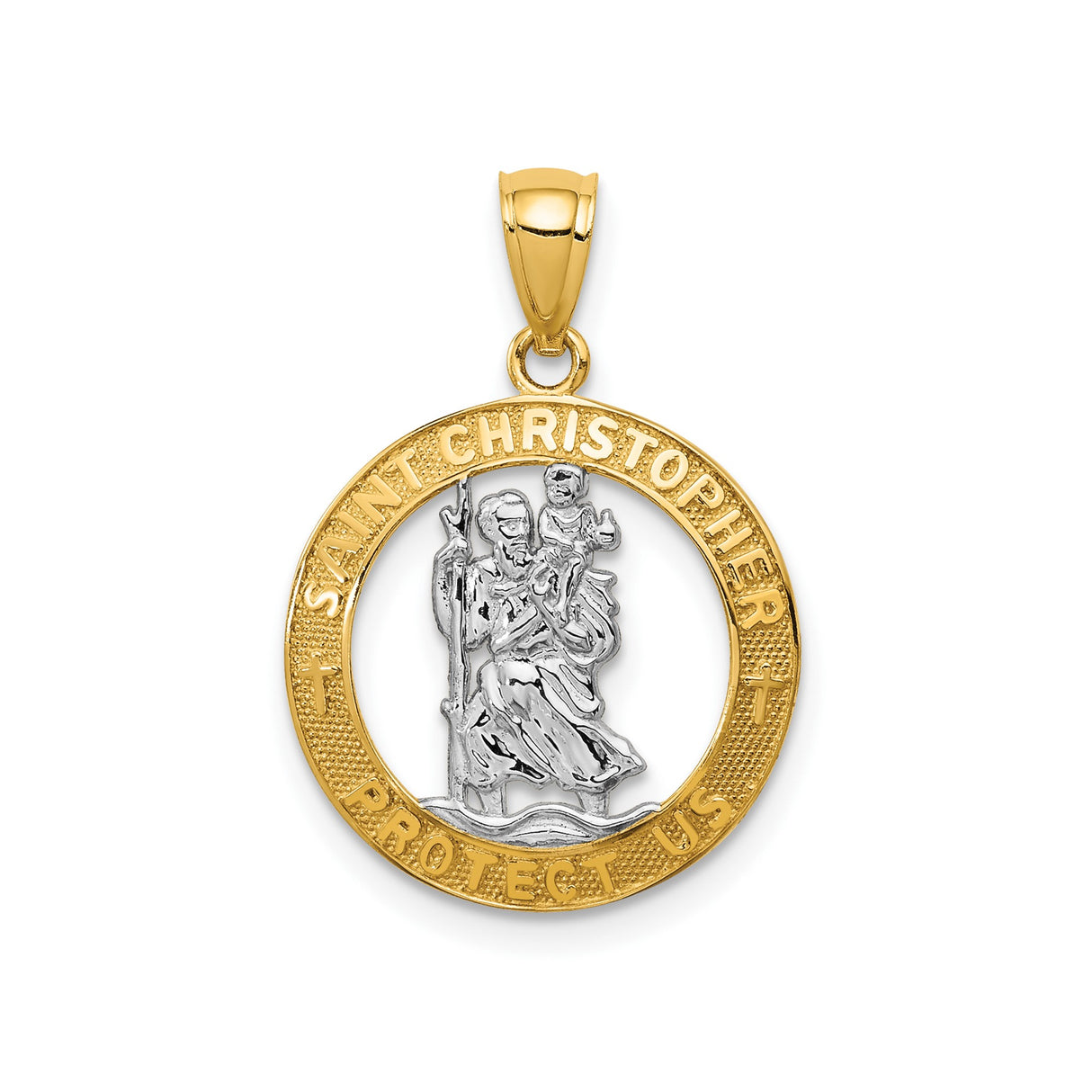 14k Multi-Tone Gold Saint Christopher Medal Pendant with Openwork Inscription Religious Charm