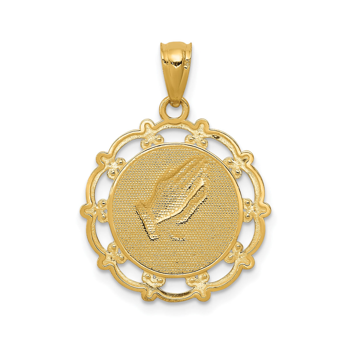 14k Yellow Gold and Rhodium Plated Praying Hands Pendant with Baptism Theme