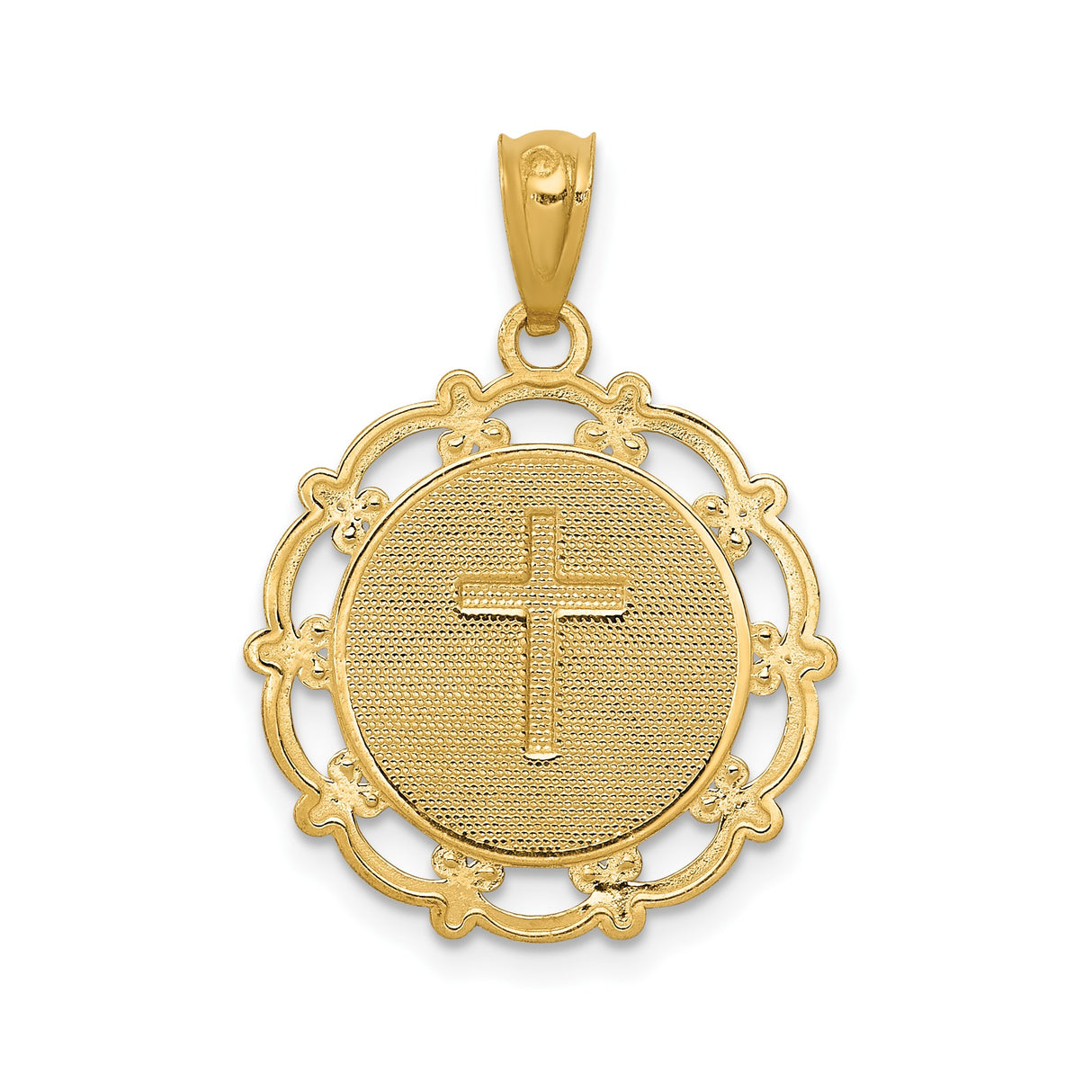 14k Yellow Gold and Rhodium Baptism Pendant with Raised Cross Sunburst Design