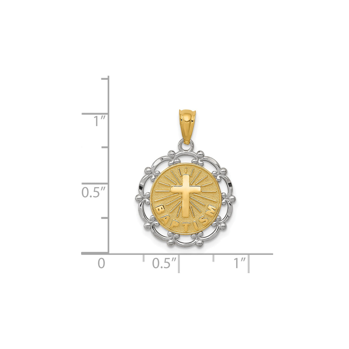 14k Yellow Gold and Rhodium Baptism Pendant with Raised Cross Sunburst Design