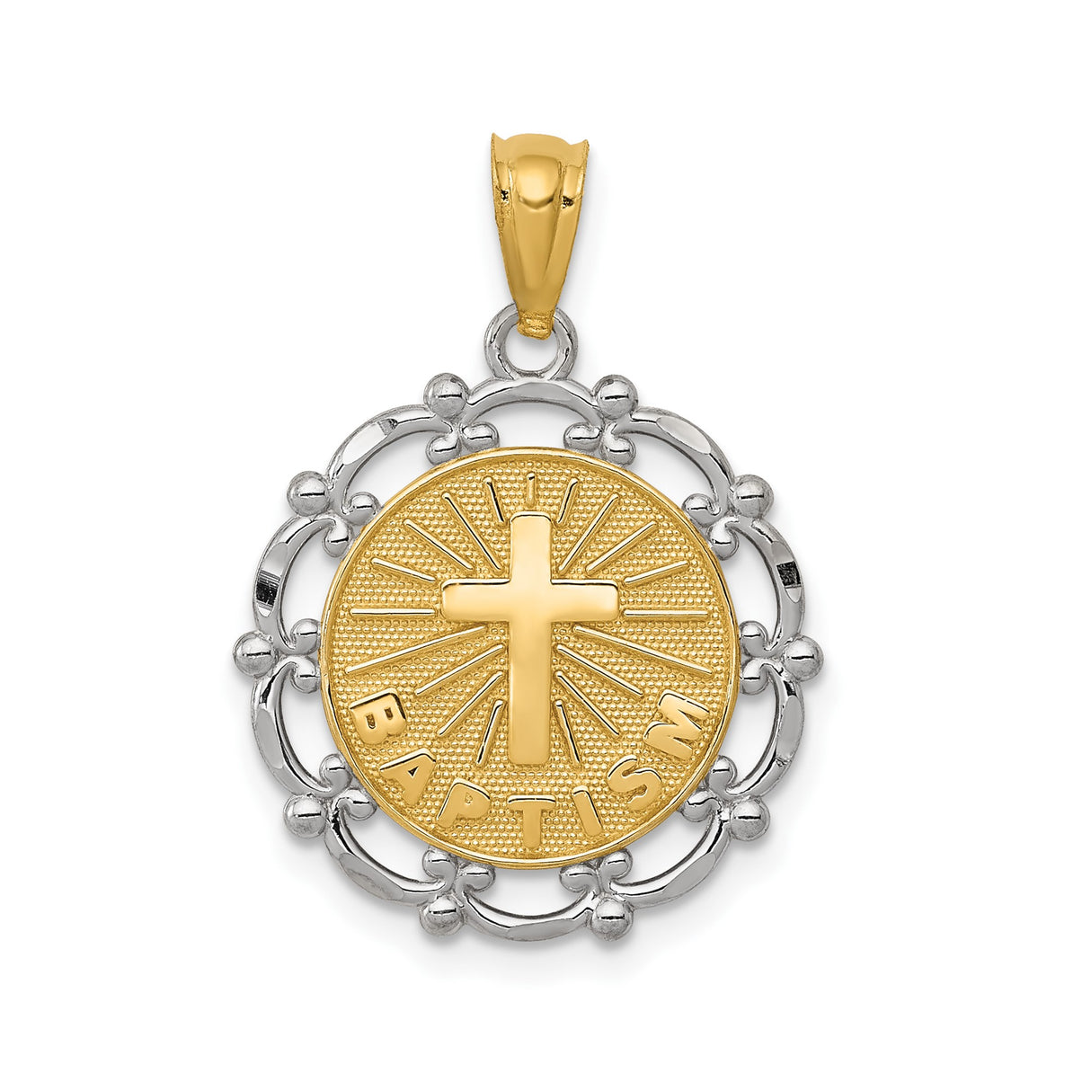 14k Yellow Gold and Rhodium Baptism Pendant with Raised Cross Sunburst Design