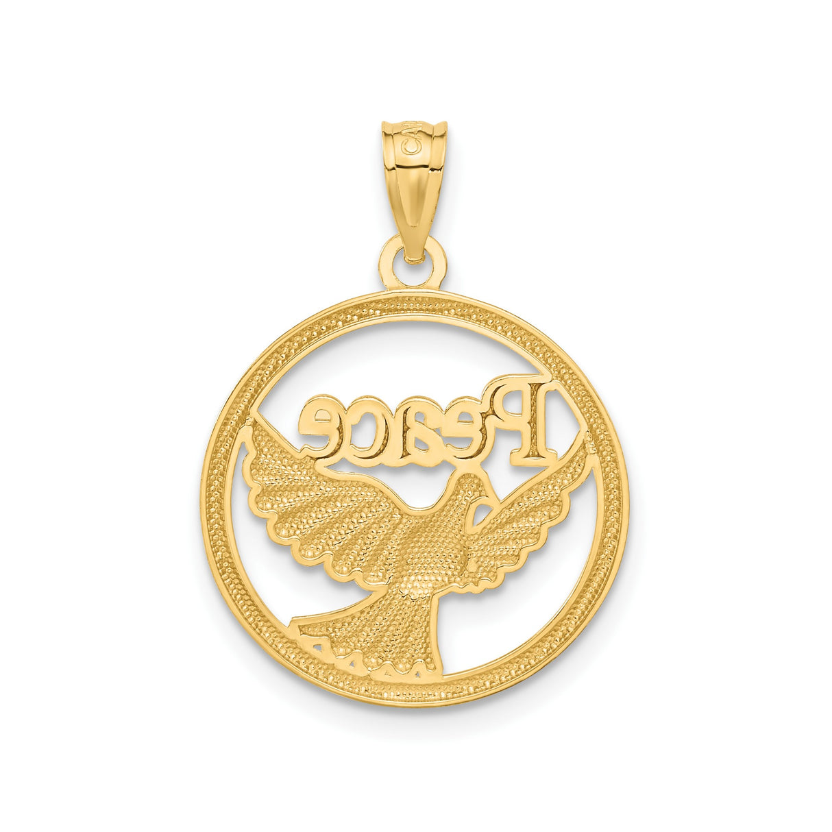 14k Two-Tone Gold Dove Pendant with Peace Script, Religious Christian Jewelry