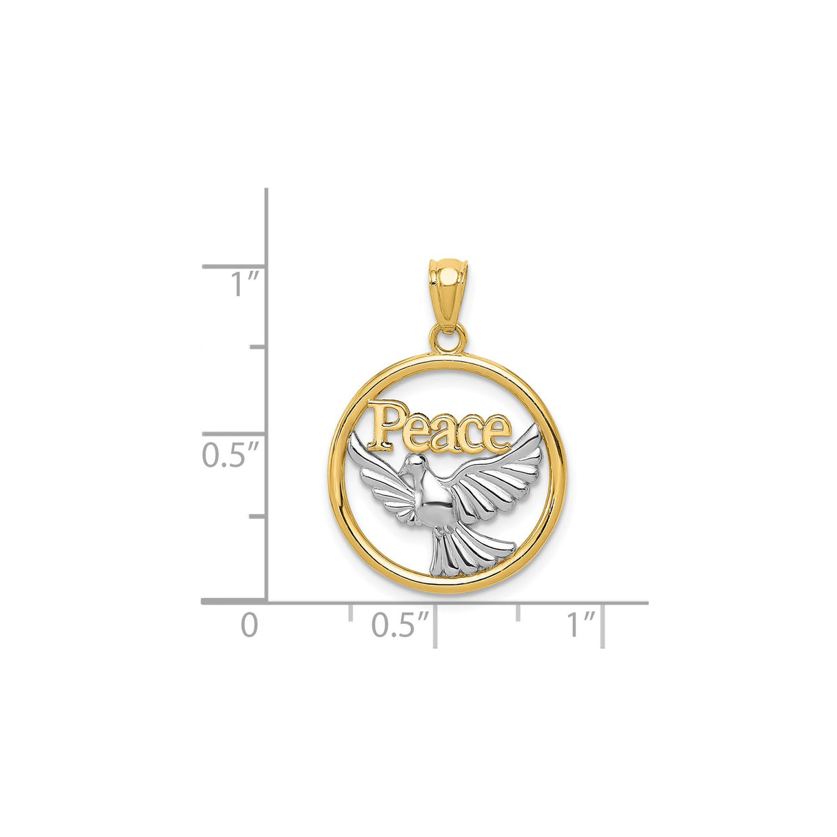 14k Two-Tone Gold Dove Pendant with Peace Script, Religious Christian Jewelry