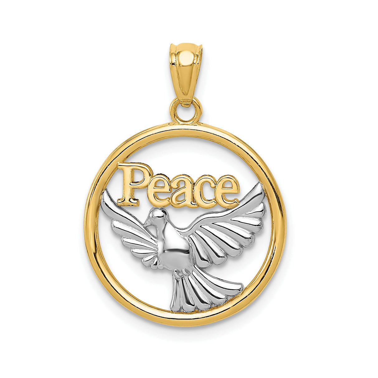 14k Two-Tone Gold Dove Pendant with Peace Script, Religious Christian Jewelry