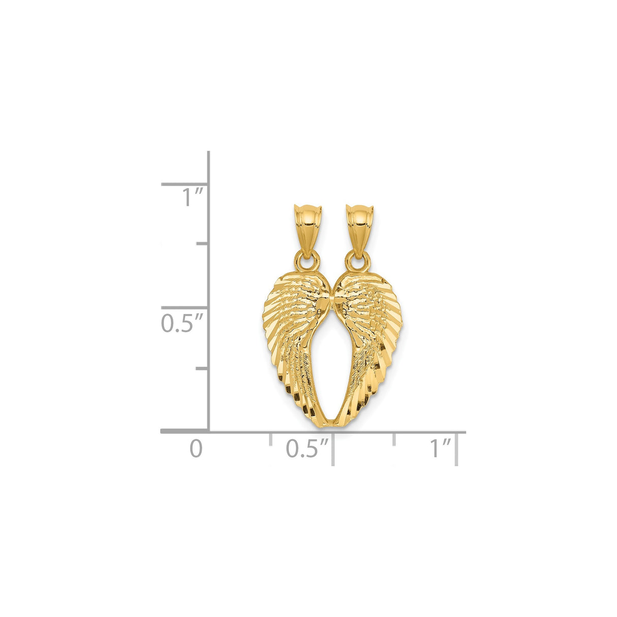 14k Yellow Gold Angel Wing Pendant with Split Wings and Feather Engraving