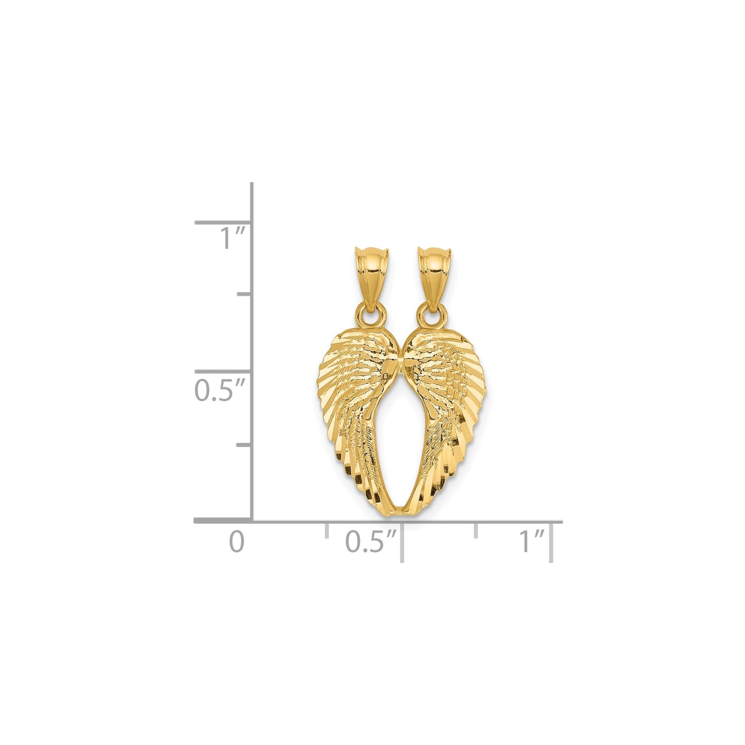 14k Yellow Gold Angel Wing Pendant with Split Wings and Feather Engraving