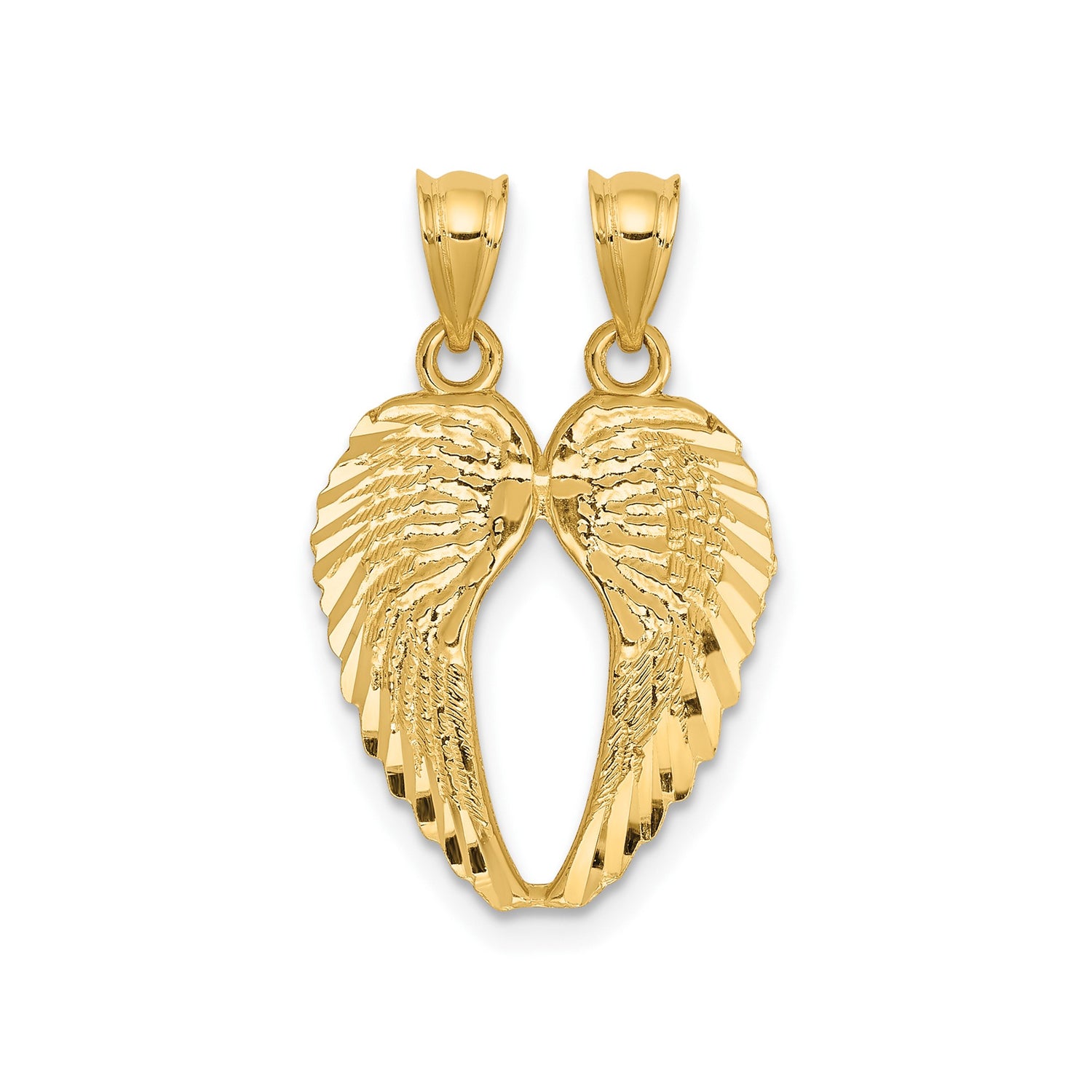 14k Yellow Gold Angel Wing Pendant with Split Wings and Feather Engraving