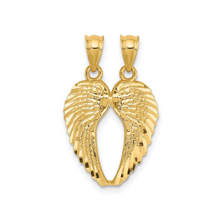 14k Yellow Gold Angel Wing Pendant with Split Wings and Feather Engraving