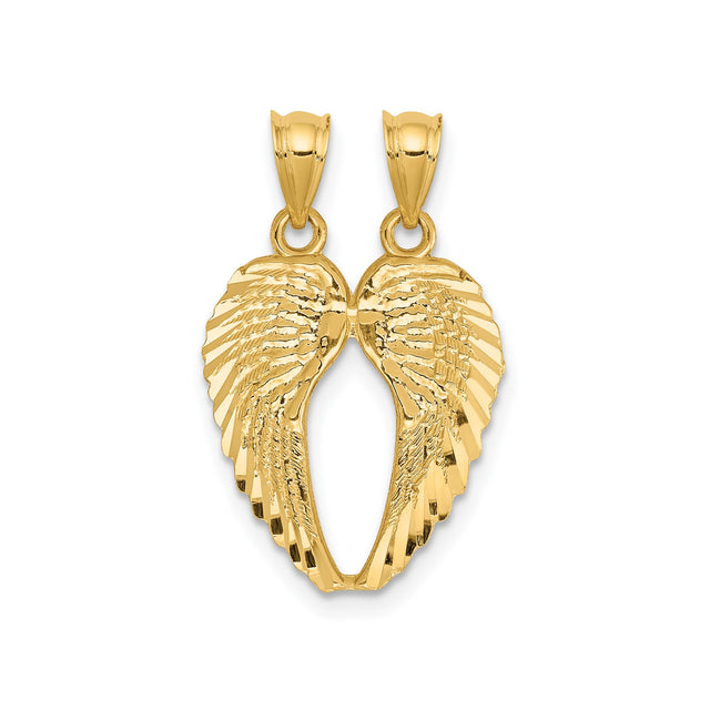 14k Yellow Gold Angel Wing Pendant with Split Wings and Feather Engraving