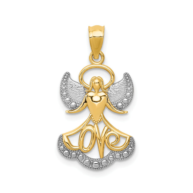 14k Multi-Tone Gold Angel Pendant with Heart, Halo, Detailed Wings, Love Script