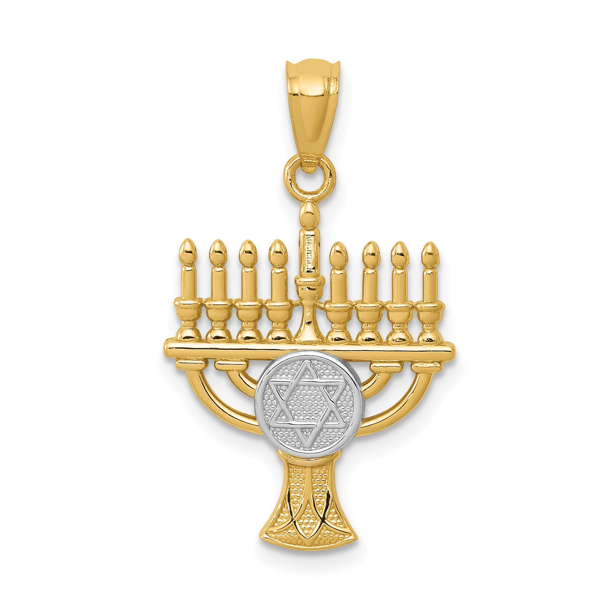 14k Yellow Gold and Rhodium Menorah Pendant with Star of David, Two-Tone Jewish Symbol