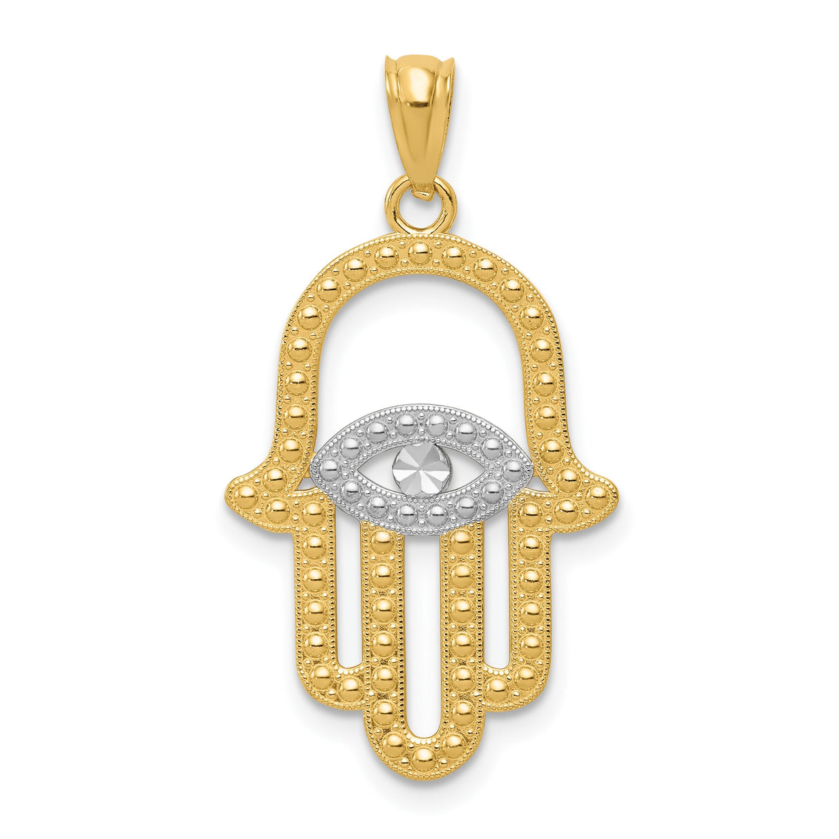 14k Multi-Tone Gold Hamsa Pendant with Evil Eye Symbol, Religious Protection Amulet