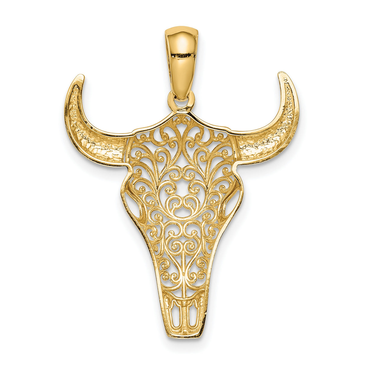 14k Yellow Gold Steer Skull Pendant with Filigree Design, Western Cowboy Style Jewelry