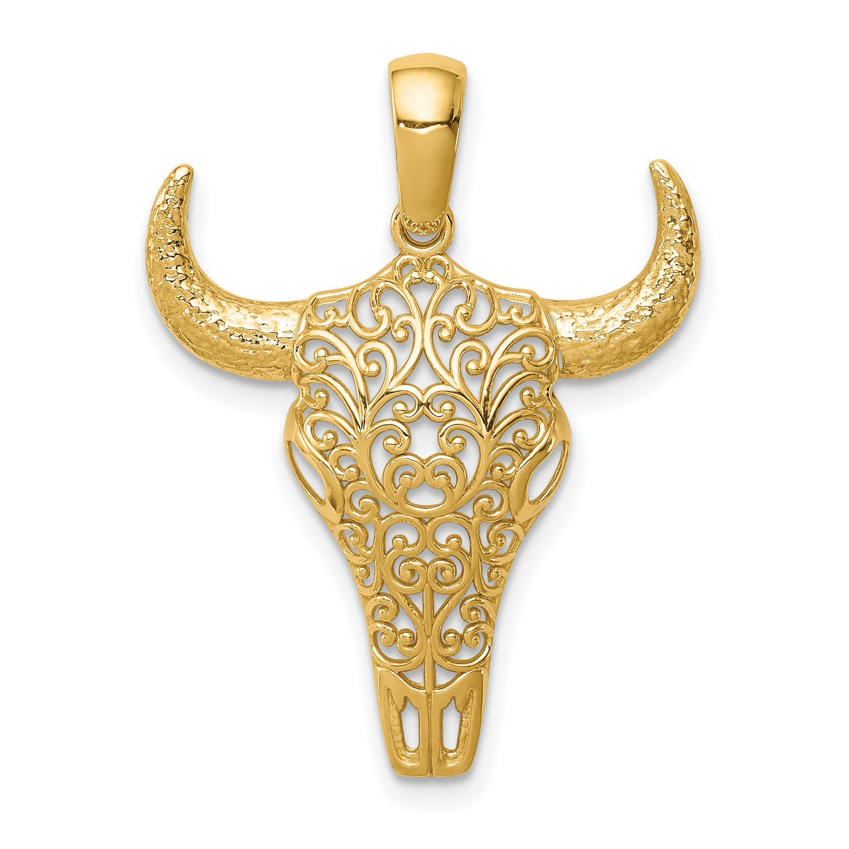 14k Yellow Gold Steer Skull Pendant with Filigree Design, Western Cowboy Style Jewelry