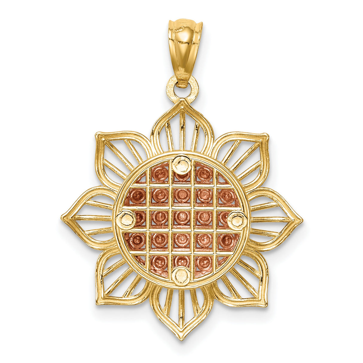 14k Two-Tone Gold Sunflower Pendant with Textured Rose Center and Openwork Petals