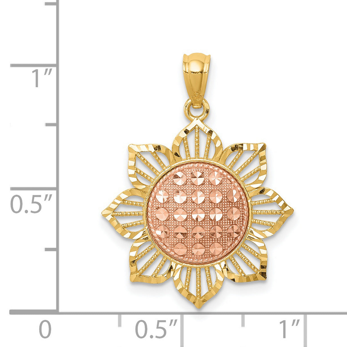14k Two-Tone Gold Sunflower Pendant with Textured Rose Center and Openwork Petals