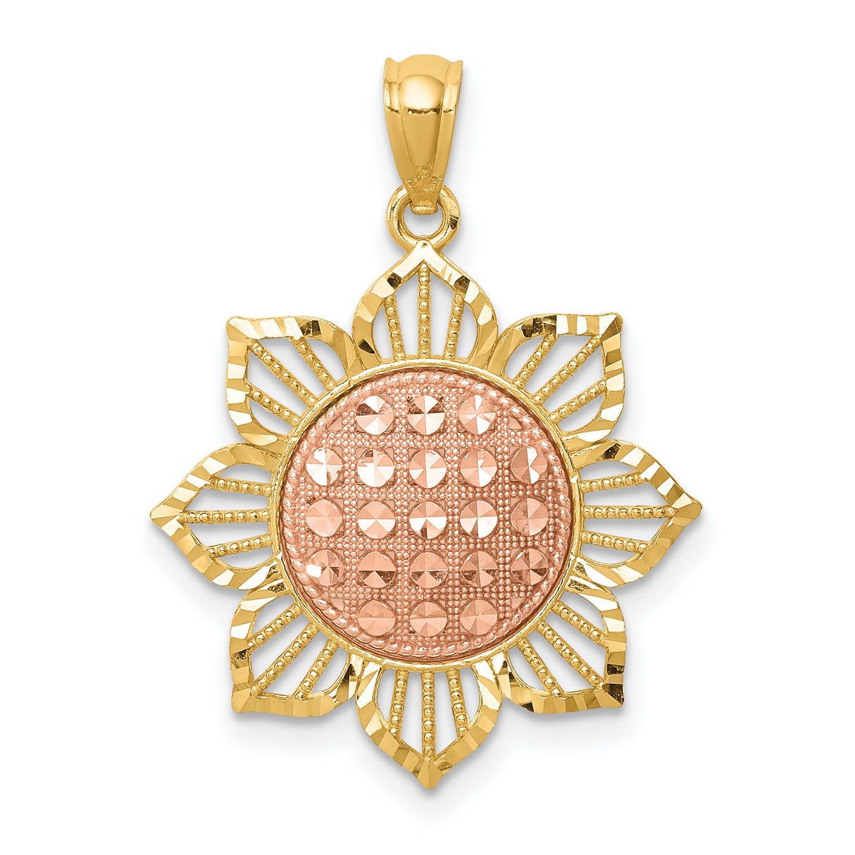 14k Two-Tone Gold Sunflower Pendant with Textured Rose Center and Openwork Petals