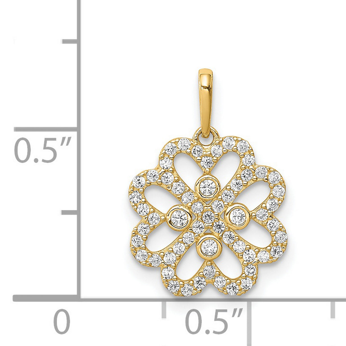 14k Yellow Gold Clover Pendant with Cubic Zirconia, Heart Petal Floral Design