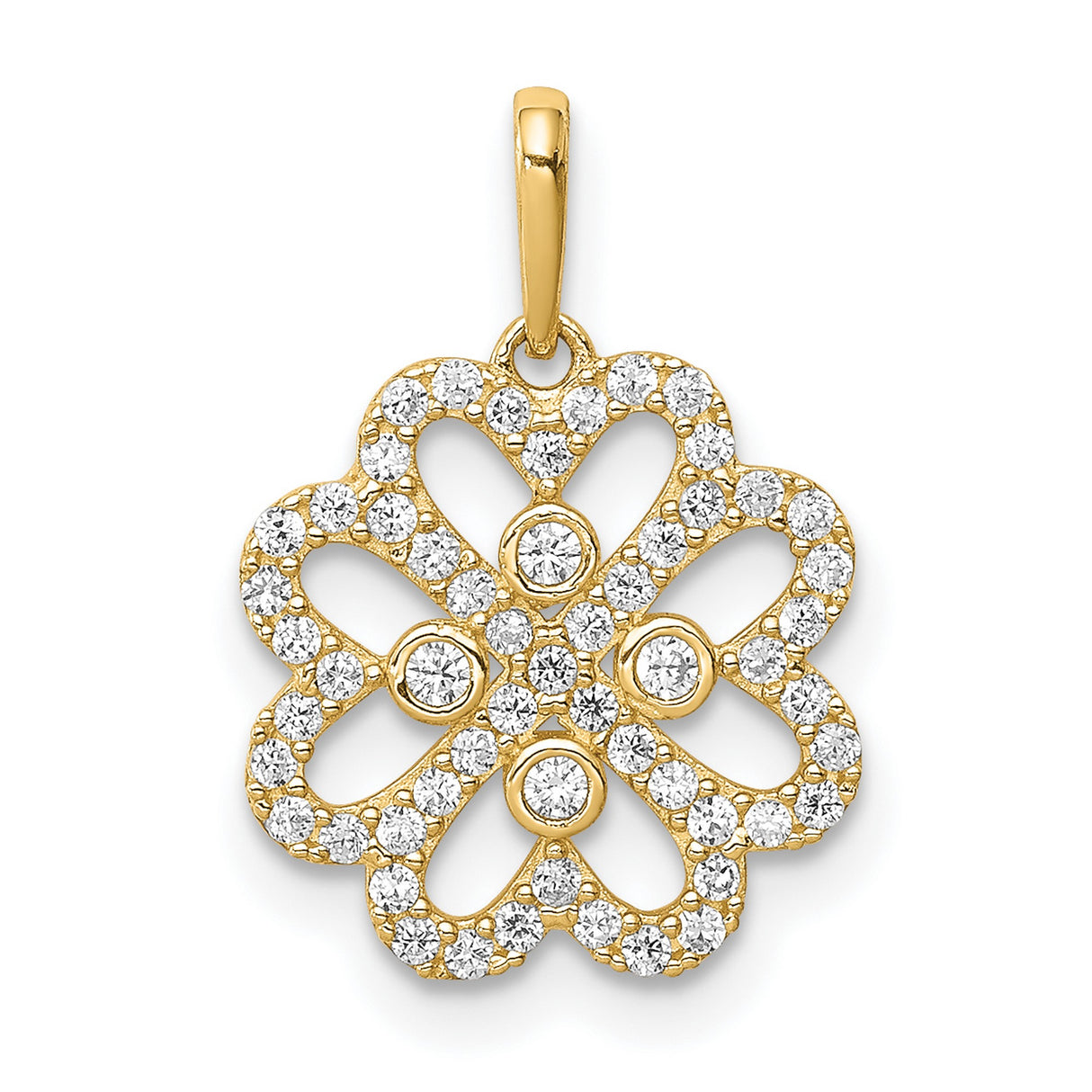 14k Yellow Gold Clover Pendant with Cubic Zirconia, Heart Petal Floral Design