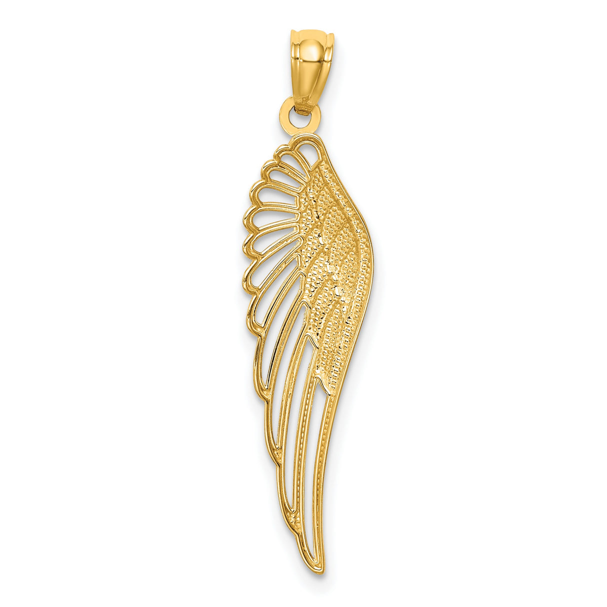 14k Yellow Gold Angel Wing Pendant with Openwork Feather Design, Christian Memorial Charm