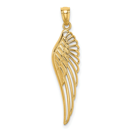 14k Yellow Gold Angel Wing Pendant with Openwork Feather Design, Christian Memorial Charm