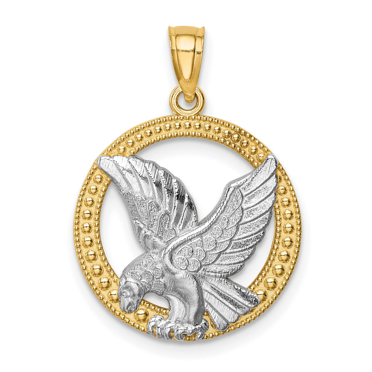 14k Two-Tone Gold Eagle Pendant with Rhodium Finish, Patriotic Bald Eagle Design