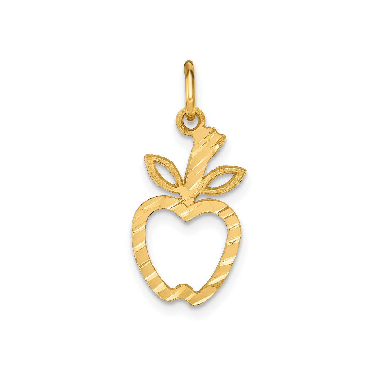 14k Yellow Gold Apple Pendant Charm with Cutout Design, Leaf and Stem Detail