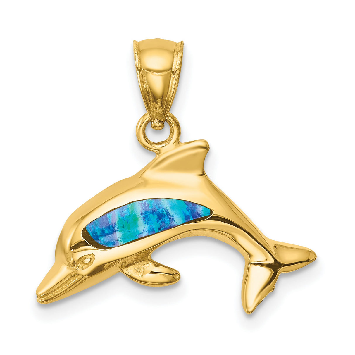 14k Yellow Gold Dolphin Pendant with Blue Lab Created Opal, Nautical Ocean Theme