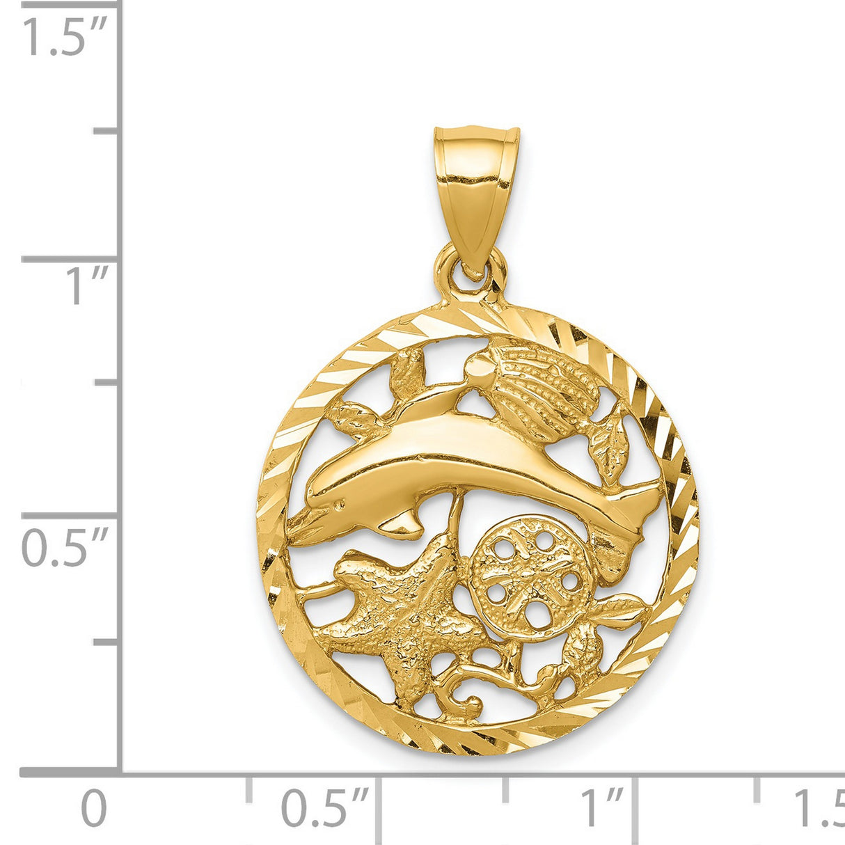 14k Yellow Gold Nautical Pendant with Dolphin, Starfish, Seashell, and Sand Dollar Design