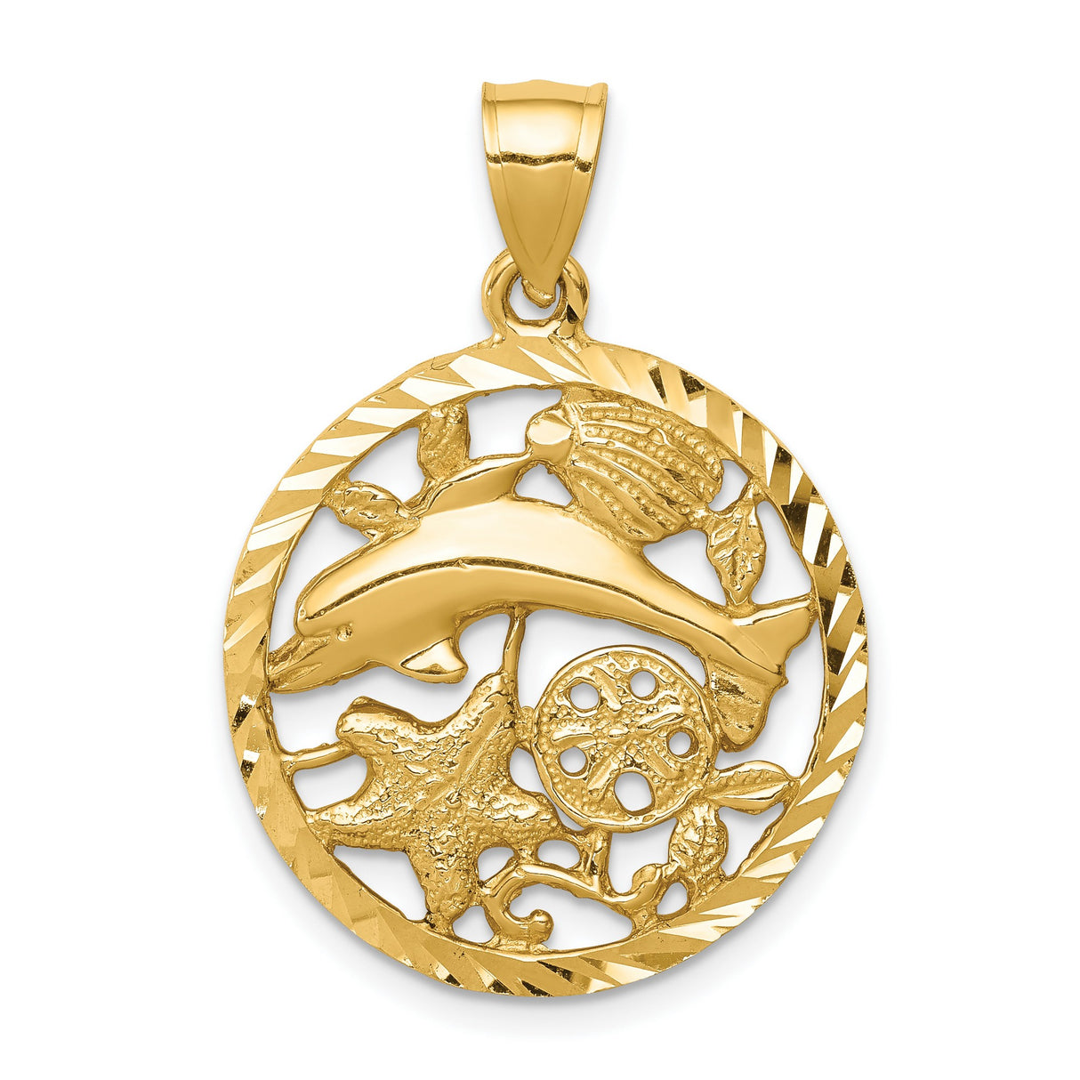 14k Yellow Gold Nautical Pendant with Dolphin, Starfish, Seashell, and Sand Dollar Design