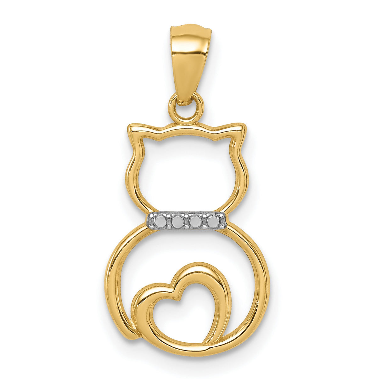 14k Multi-Tone Gold Cat Pendant with Rhodium Collar and Heart Tail Design for Women