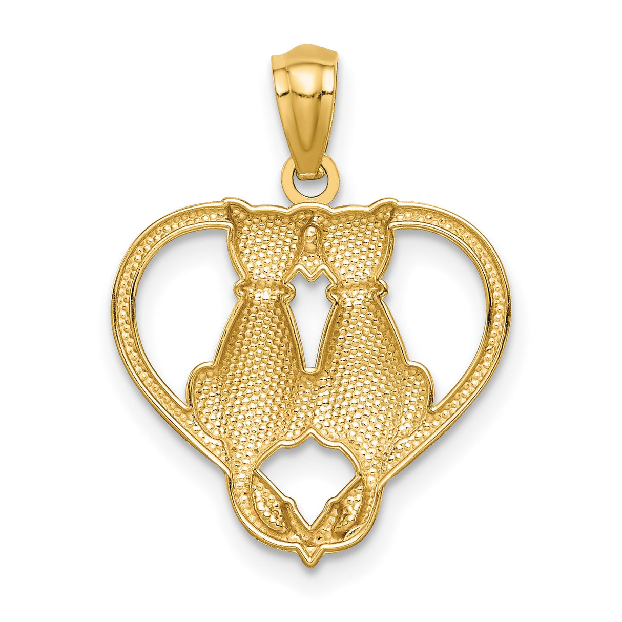 14k Yellow Gold Cat Couple Pendant with Heart Outline, Romantic Feline Charm