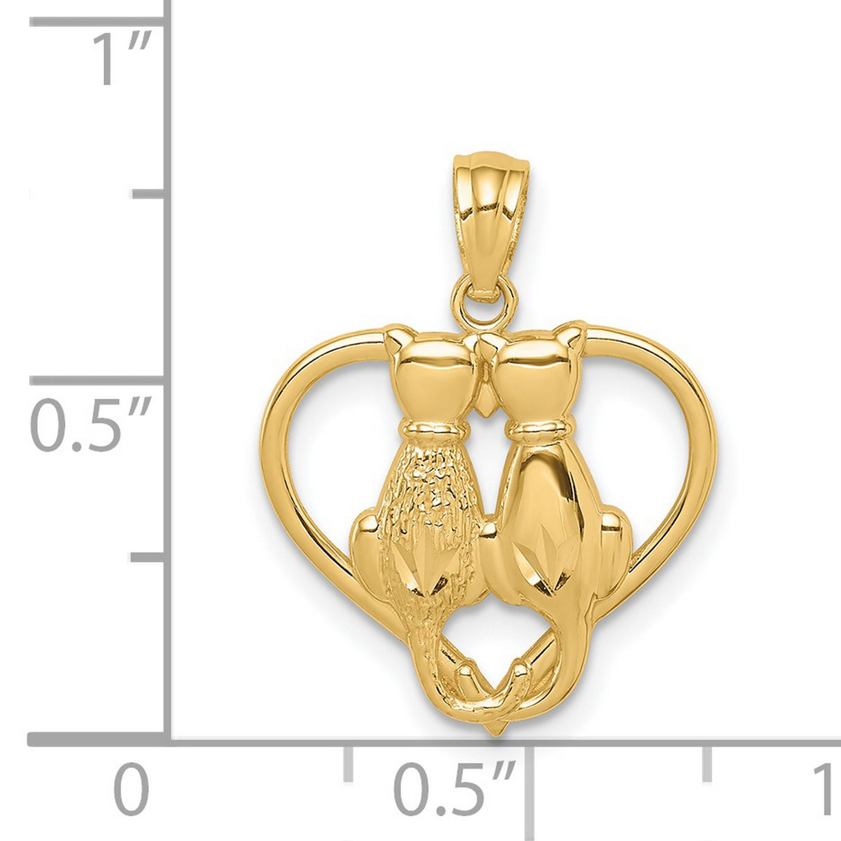 14k Yellow Gold Cat Couple Pendant with Heart Outline, Romantic Feline Charm