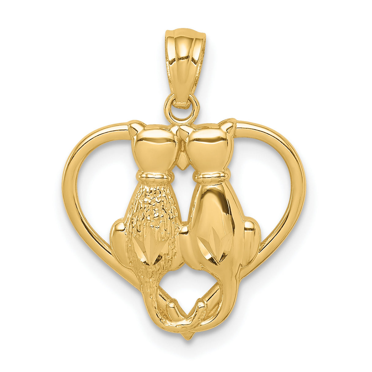 14k Yellow Gold Cat Couple Pendant with Heart Outline, Romantic Feline Charm
