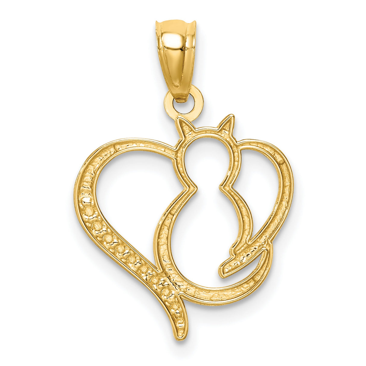 14k Two-Tone Gold Cat Pendant with Heart Silhouette and Diamond Cut Detailing