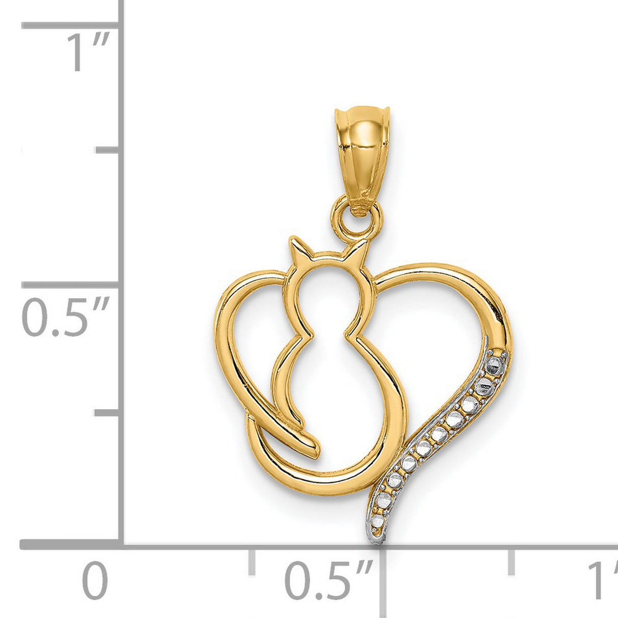 14k Two-Tone Gold Cat Pendant with Heart Silhouette and Diamond Cut Detailing