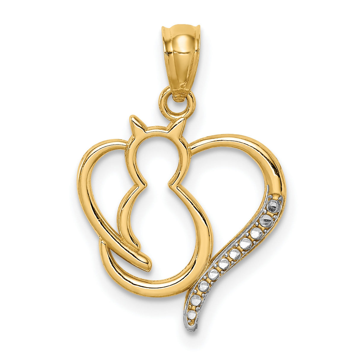 14k Two-Tone Gold Cat Pendant with Heart Silhouette and Diamond Cut Detailing