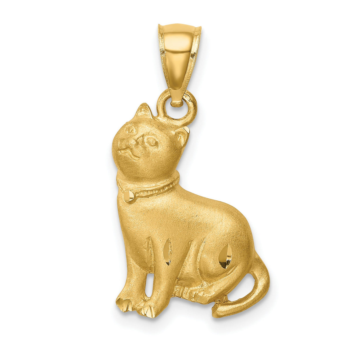 14k Yellow Gold Cat Pendant with Collar, Sitting Feline Charm for Women