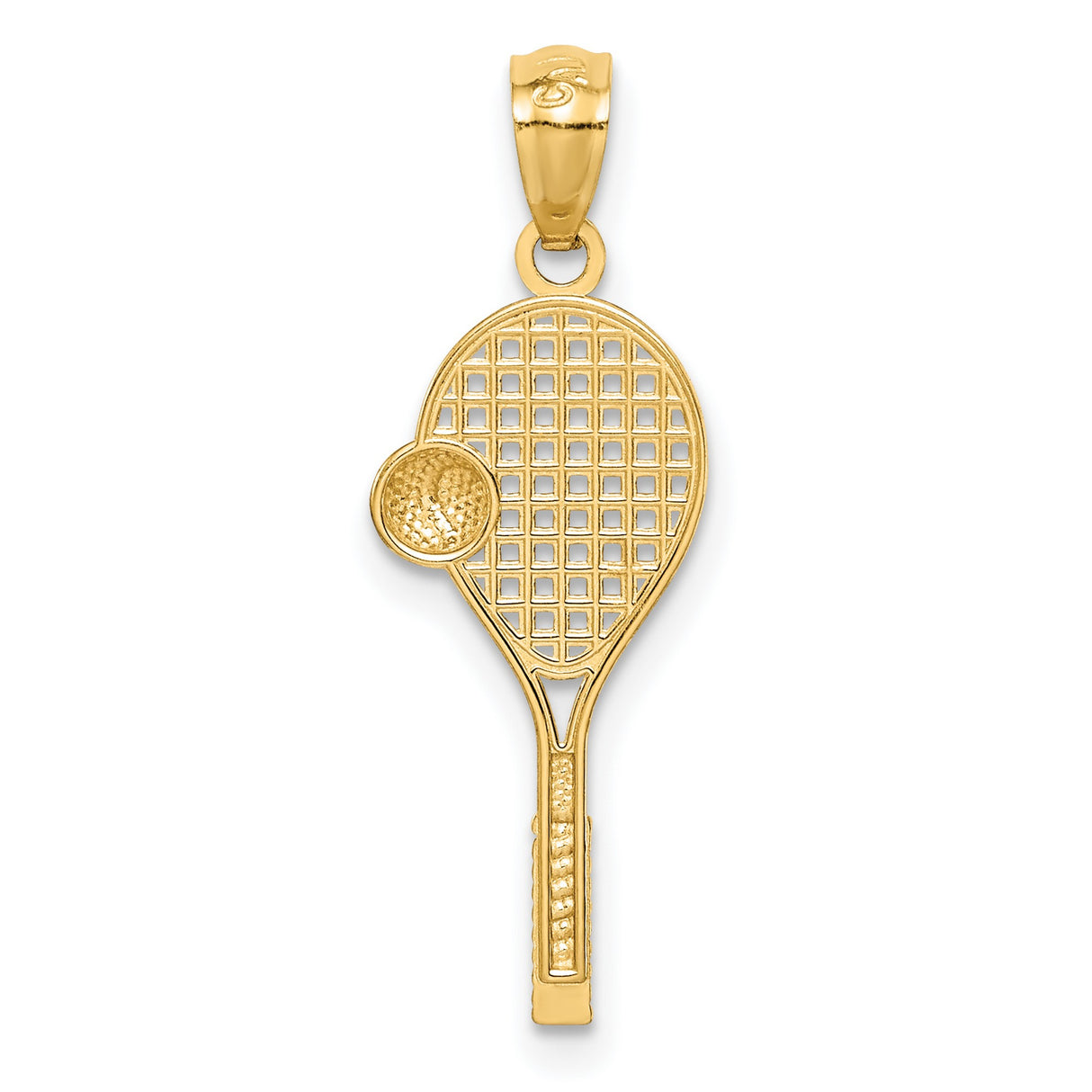 14k Yellow Gold Tennis Racket Pendant with Netted Design and Rhodium Ball