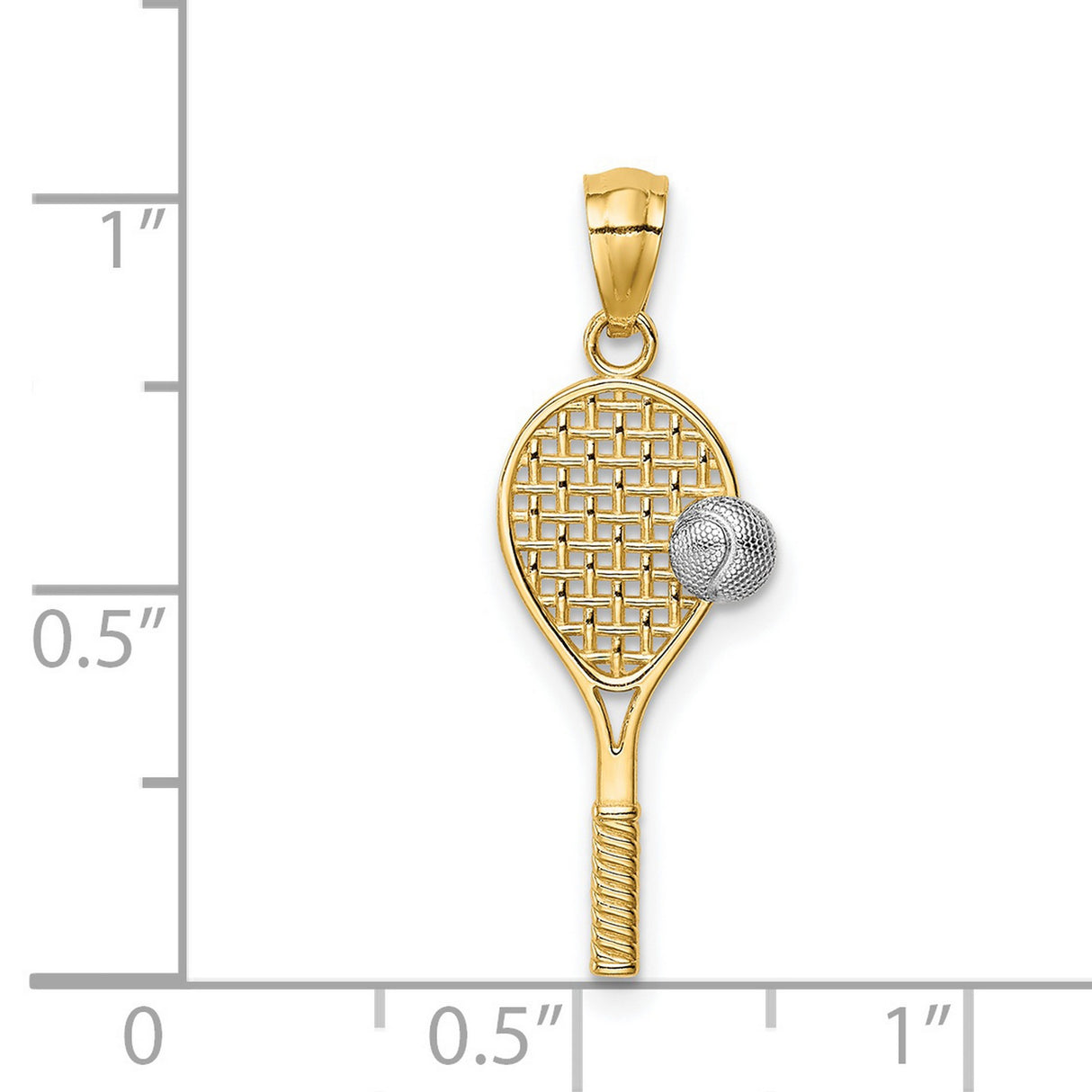 14k Yellow Gold Tennis Racket Pendant with Netted Design and Rhodium Ball