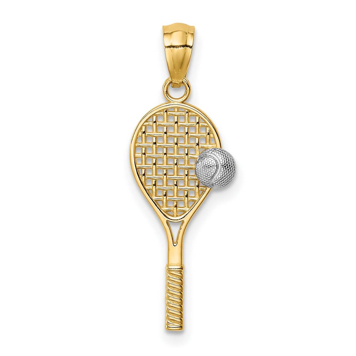 14k Yellow Gold Tennis Racket Pendant with Netted Design and Rhodium Ball
